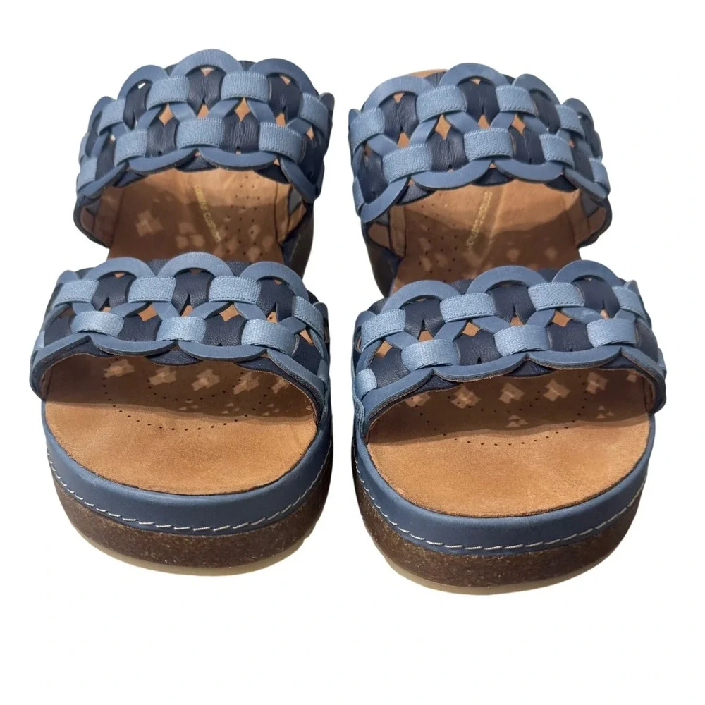 Clarks Kassanda Wedge Sandals Womens 9.5 Blue Woven Leather Slide Excellent